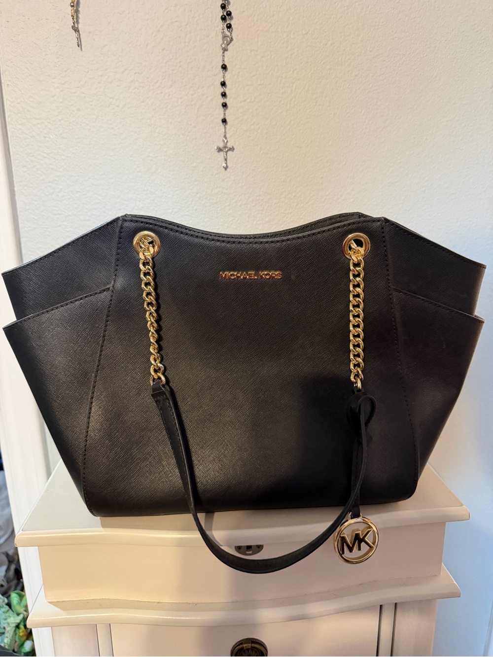 Michael Kors Black Leather Tote with Gold Chain Details